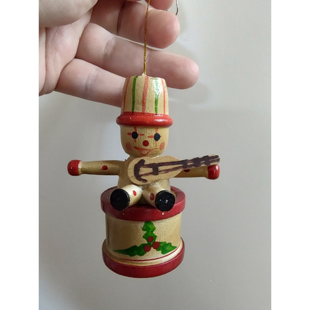 Vtg Christmas Ornament Wood Man Sitting With Guitar Holly Berry Base A11